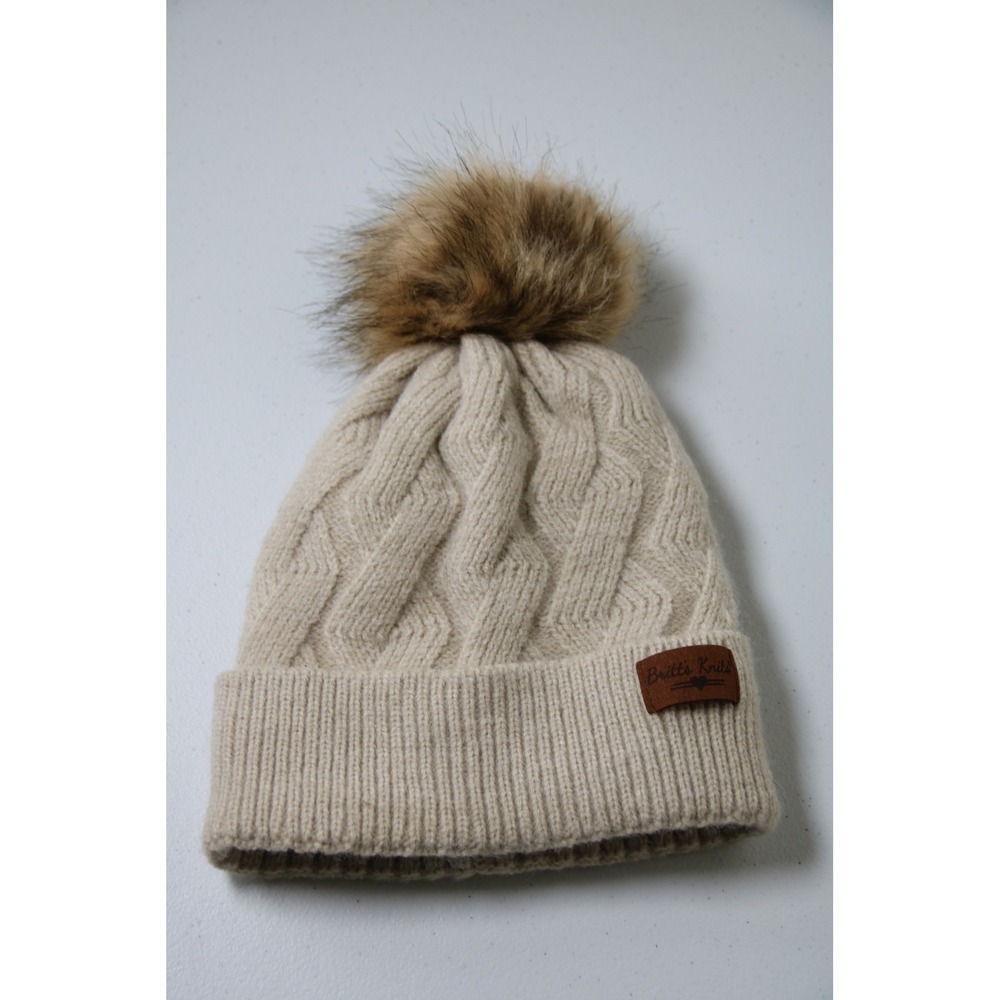 Britts Knits Oatmeal Beige Cable Knit Faux Fur Pom Beanie Fleece Lined Hat